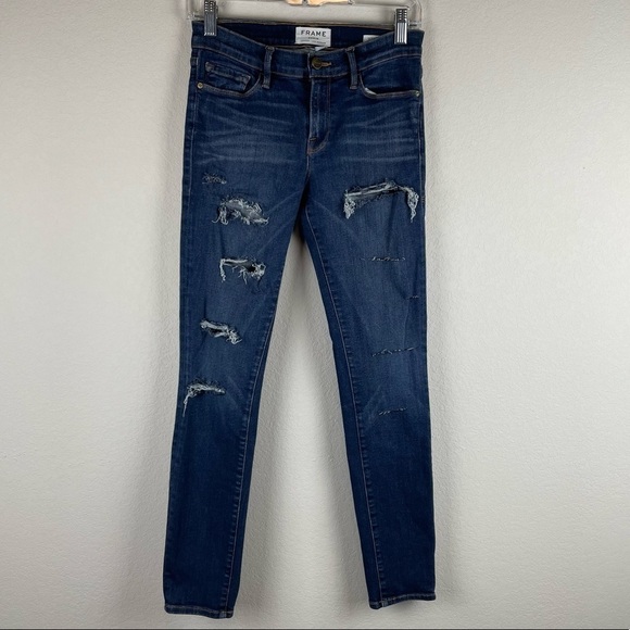 Frame Medium Wash Le Skinny de Jeanne Distressed Jeans - Picture 1 of 6